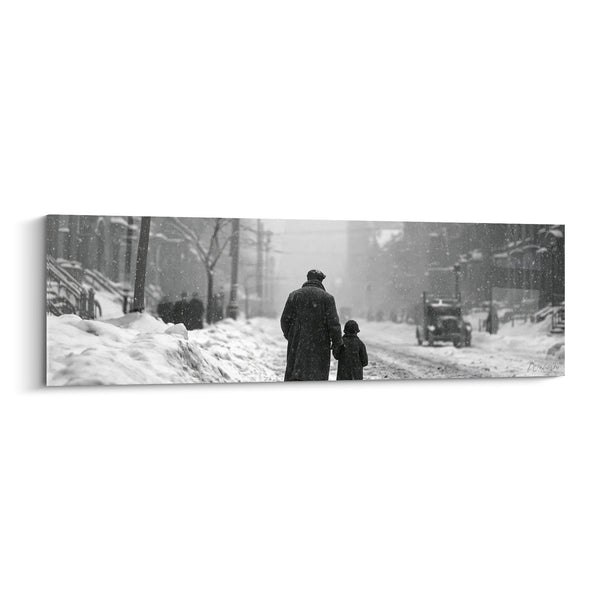 Snowy Street Painting Father and Child Black and White - Snowfall Walk - Vintage Edition