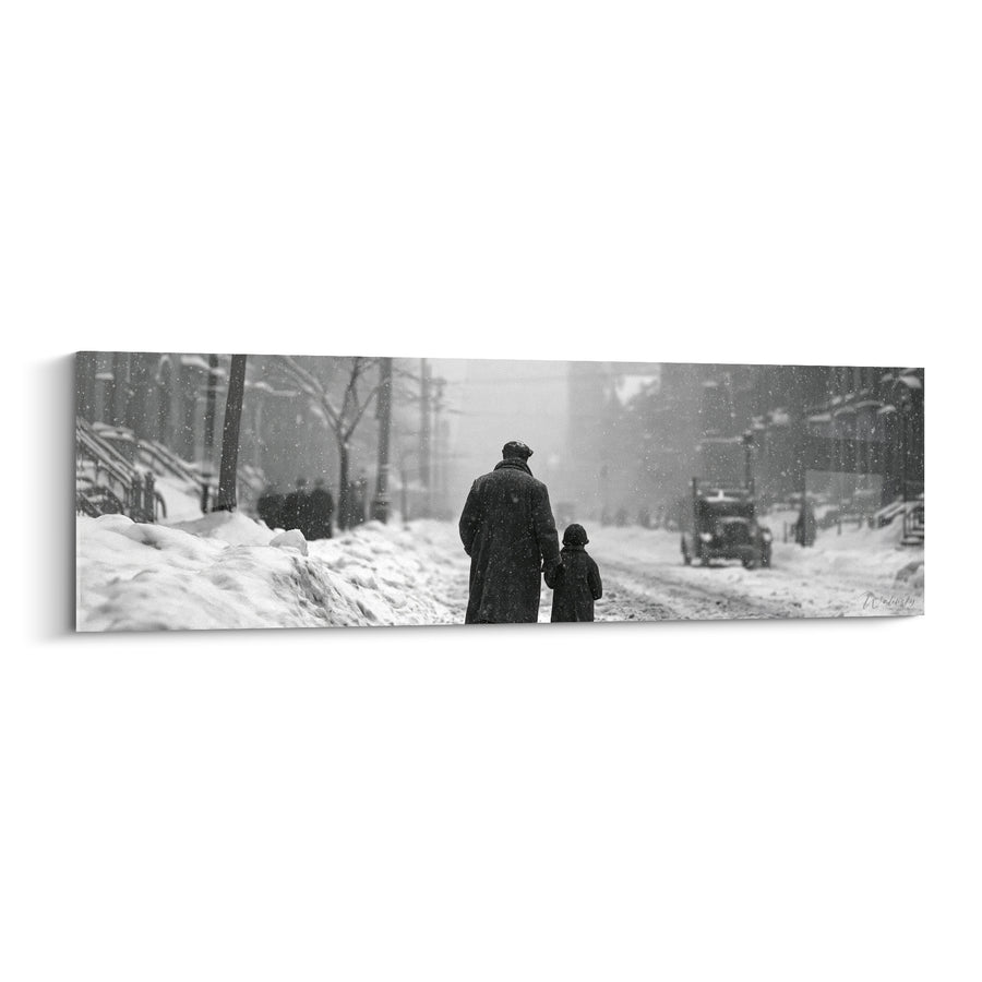 Tableau Rue enneigée père et enfant noir blanc - Promenade sous la neige - Edition Vintage