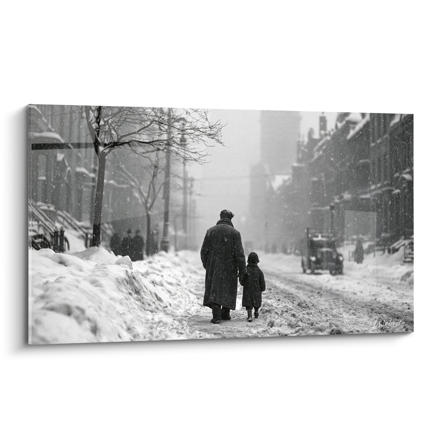 Tableau Rue enneigée adulte et enfant main dans la main - Tendresse hivernale - Edition Vintage
