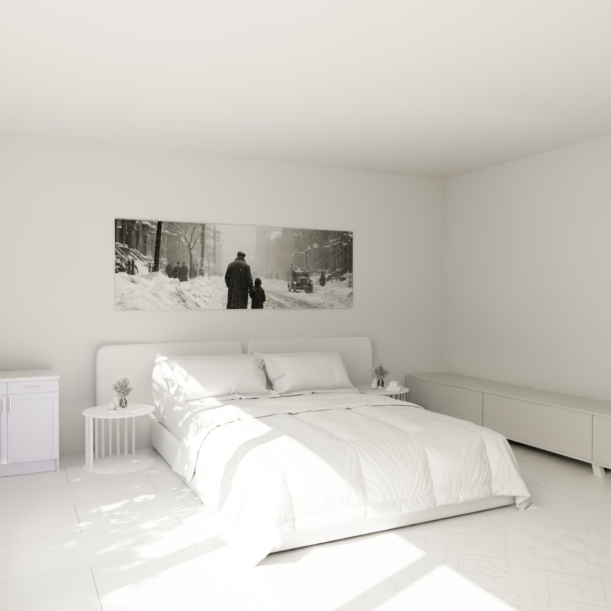 Silhouettes sombres avançant dans la neige, contraste anthracite et blanc, au-dessus d'un lit dans une chambre claire