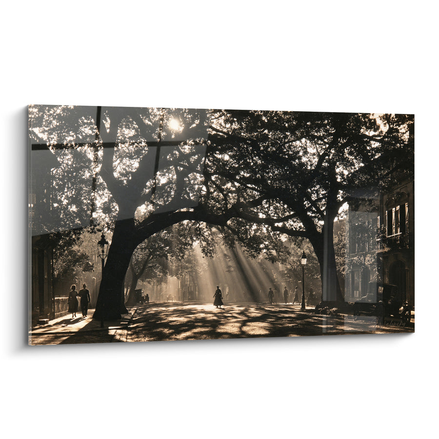 Tableau Rue ombragée sépia et silhouettes - Promenade matinale d'antan - Edition Vintage