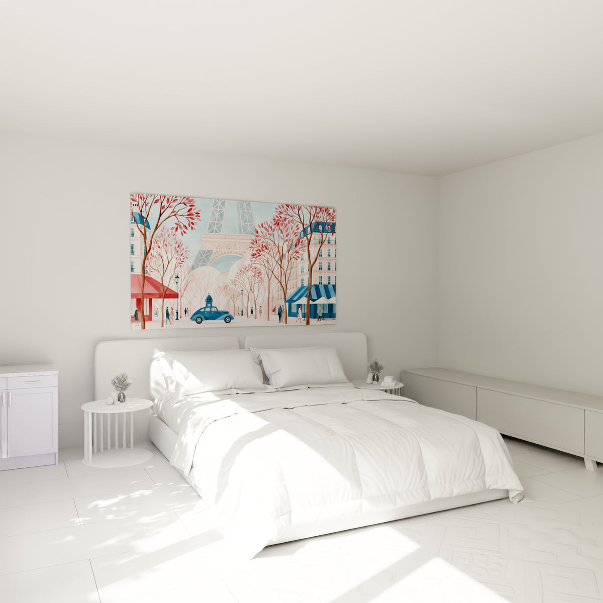 Scène parisienne rose poudré et bleu marine avec Tour Eiffel, accrochée au-dessus d'un lit dans une chambre claire