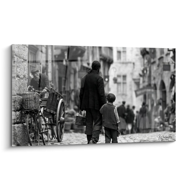 Tableau Ruelle pavée noir et blanc avec charrette - Marche main dans la main - Edition Vintage