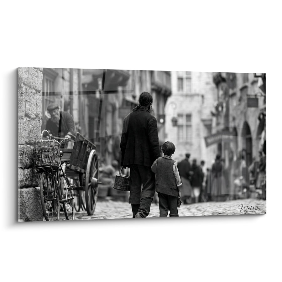 Tableau Ruelle pavée noir et blanc avec charrette - Marche main dans la main - Edition Vintage