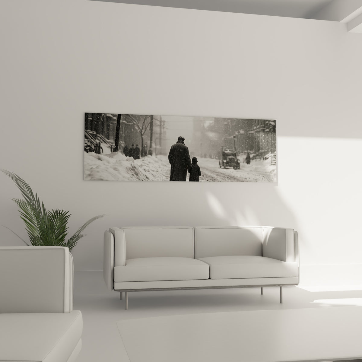 Deux personnages emmitouflés traversant une tempête de neige, tons gris et blancs, au-dessus d'un canapé dans un salon lumineux