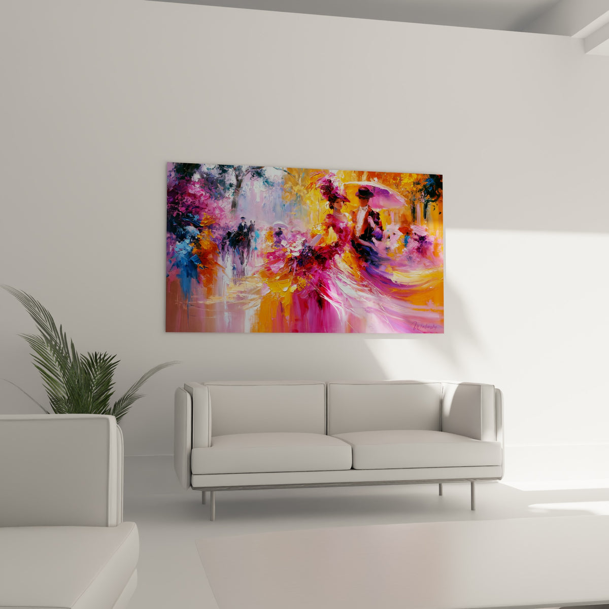Scène de rue rétro en rose et doré, silhouettes en mouvement, au-dessus d'un canapé dans un salon lumineux