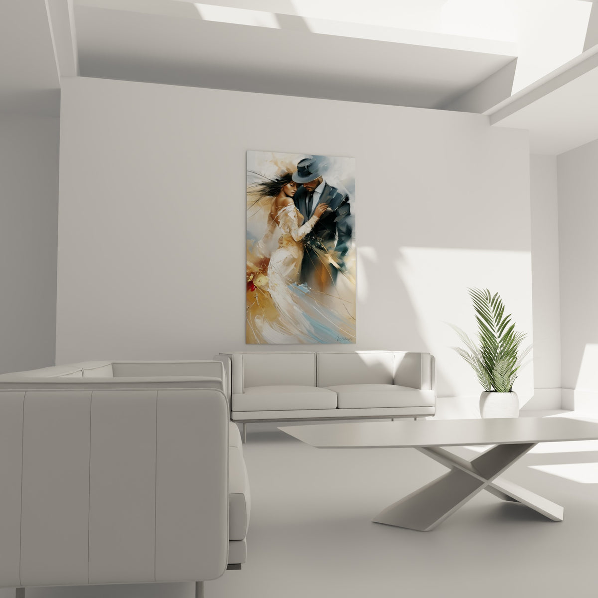 Scène de tango romantique en blanc et anthracite avec éclats ocre, au-dessus d'un canapé dans un salon lumineux.