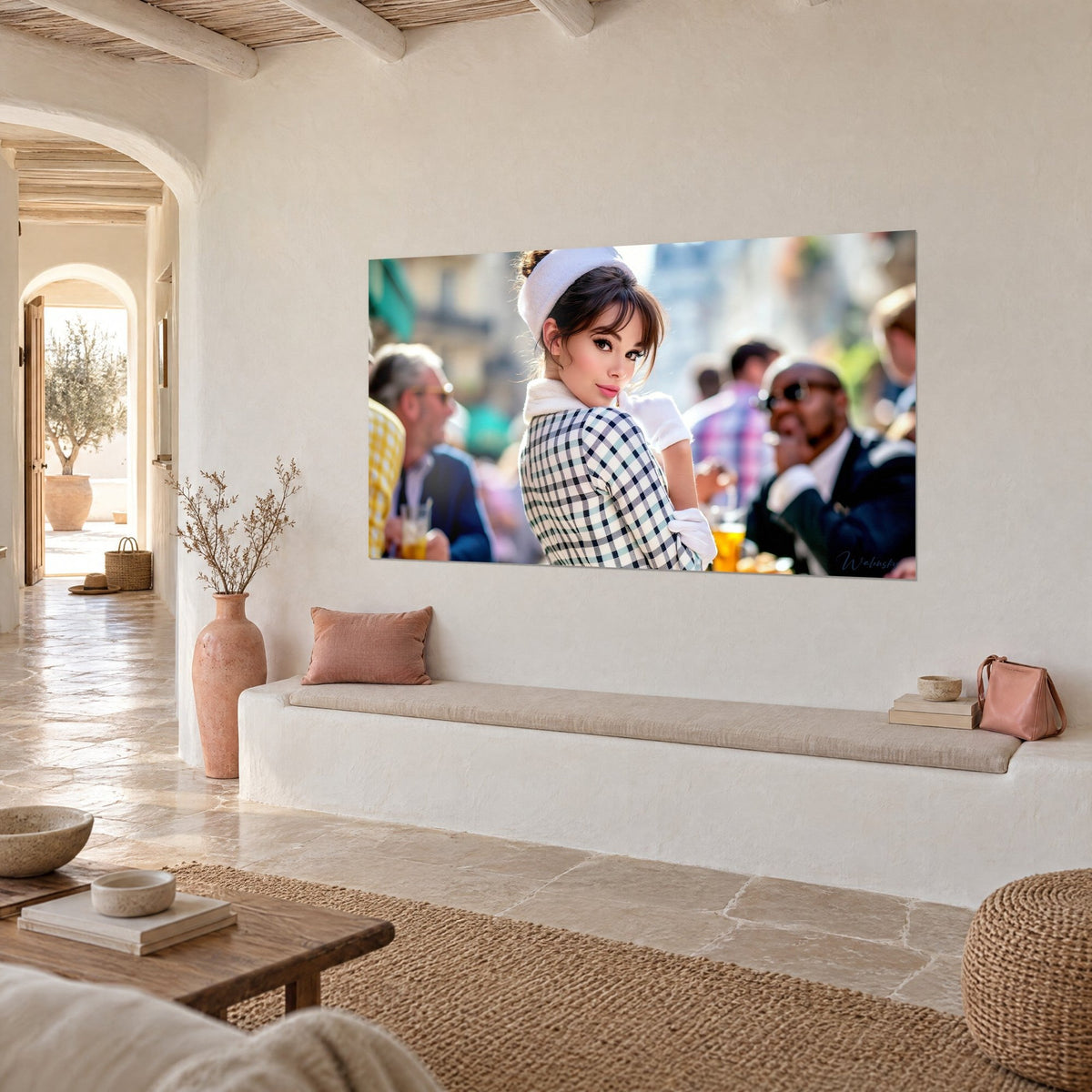Wall art elegant woman in white gloves and black and cream checked suit, blurred terrace, hung on a lime-washed wall, Mediterranean house