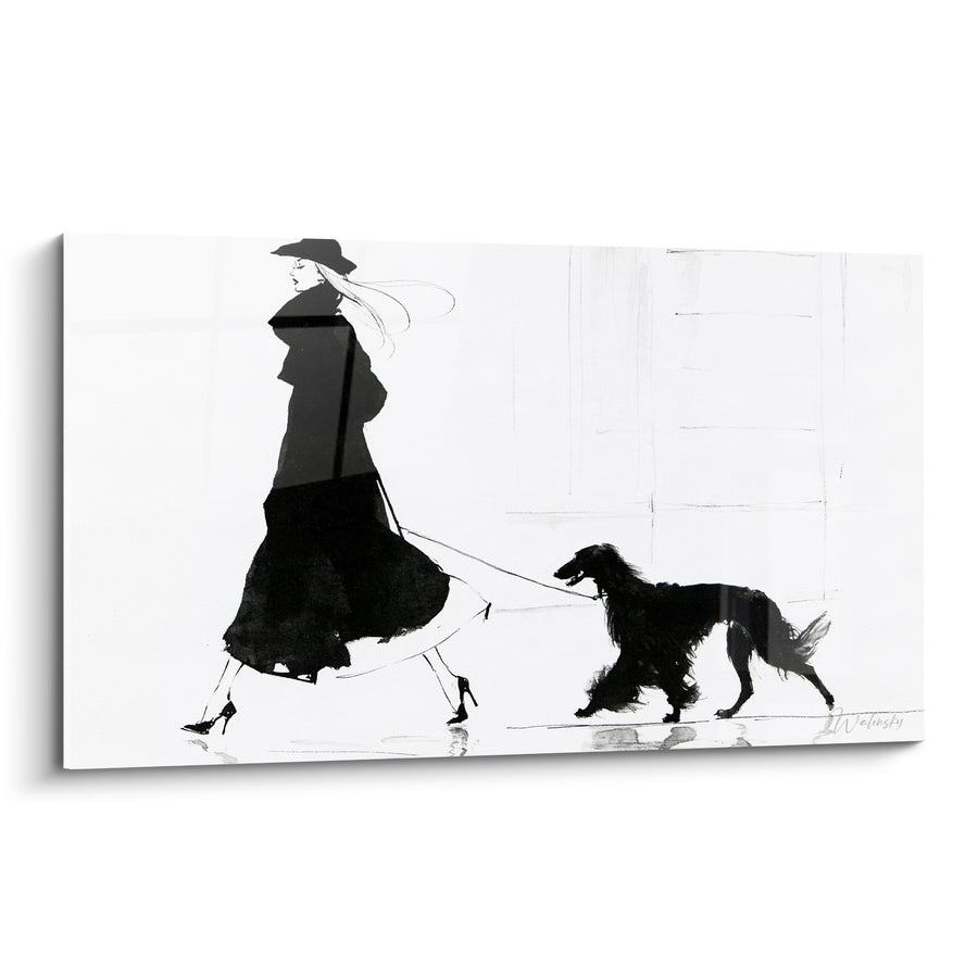Tableau Femme élégante noir et blanc lévrier afghan - Promenade élégante - Edition Vintage