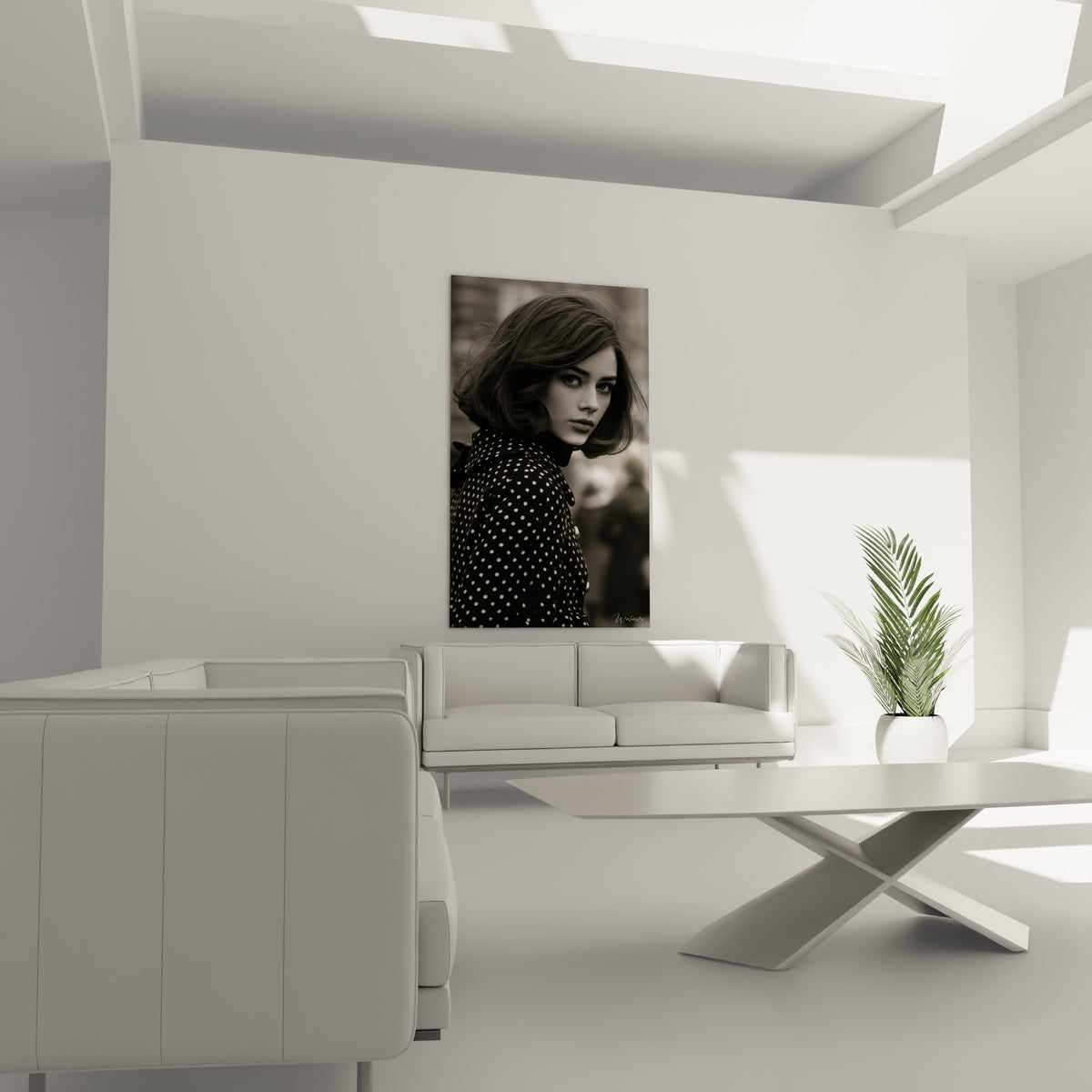 Silhouette féminine en manteau à pois sur fond gris flou, accrochée au-dessus d'un canapé dans un salon lumineux