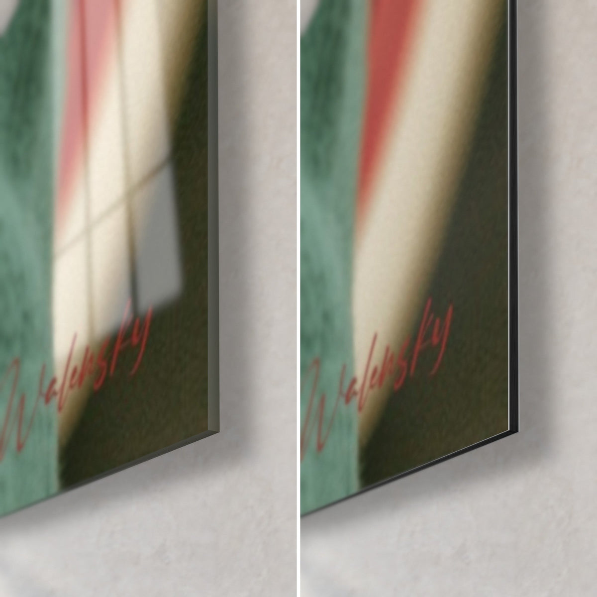 Cuadro de modelo con abrigo menta, esquina inferior derecha: cristal brillante con reflejos, Dibond negro mate, canto de 3 mm, firma roja