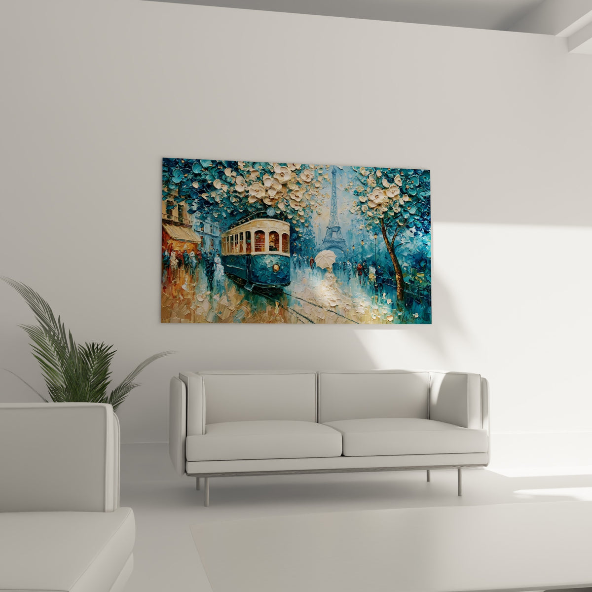Scène de rue parisienne bleu turquoise et ocre avec tramway ancien, au-dessus d'un canapé dans un salon lumineux