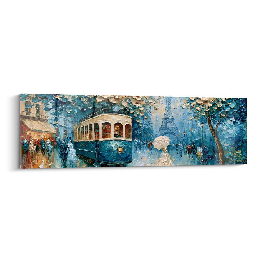 Tableau Tramway bleu et ivoire près tour Eiffel - Ombrelle crème et arbres fleuris - Edition Vintage