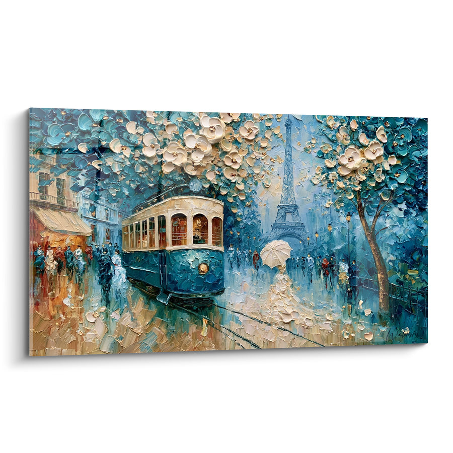 Tableau Tramway parisien bleu et doré fleuri - Flânerie parisienne - Edition Vintage