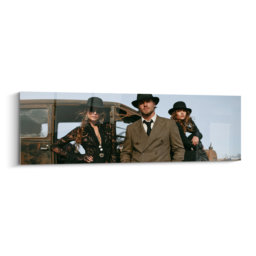 Tableau Trio gangster costume brun voiture rouillée - Bande de malfaiteurs - Edition Vintage