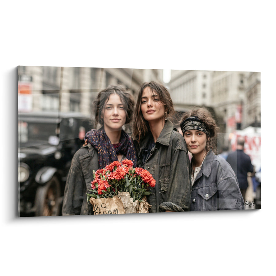 Tableau Trois femmes bouquet d'œillets rouges - Marché de rue - Edition Vintage