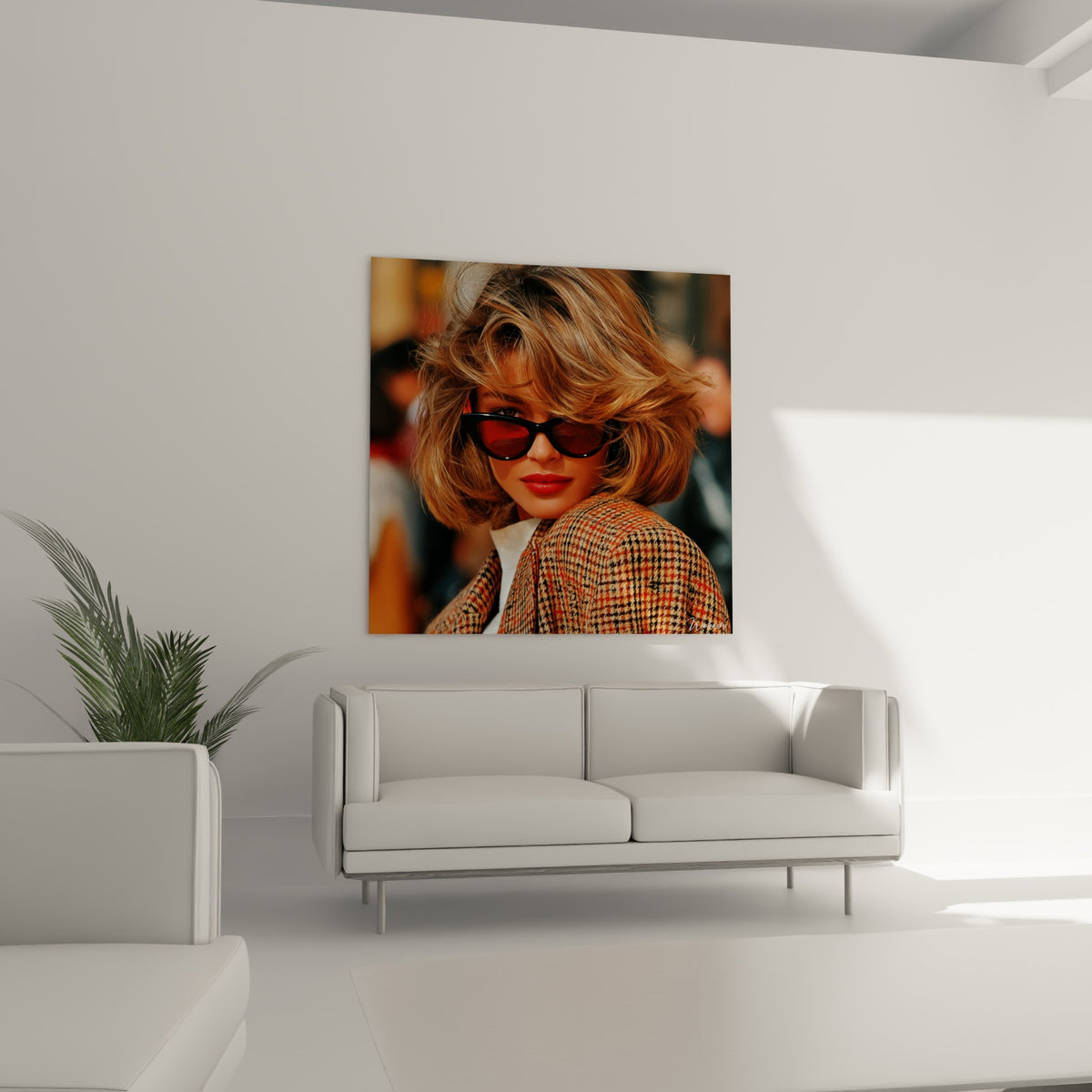 Visage encadré de mèches blondes et lunettes rouges, veste tweed orange, au-dessus d'un canapé dans un salon lumineux