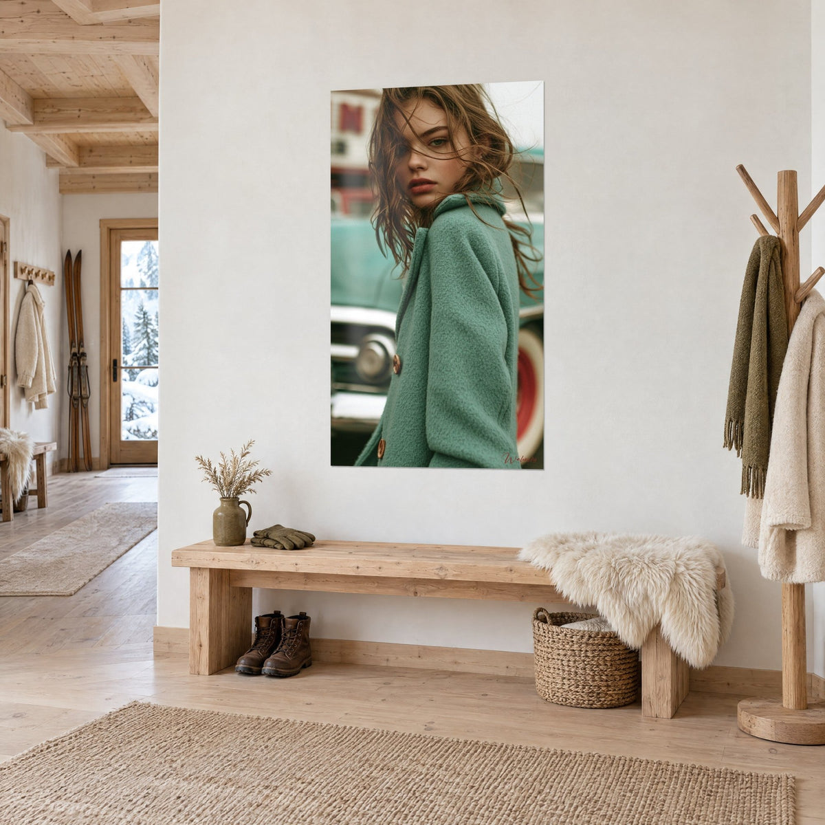 Cuadro de retrato vintage, mirada por encima del hombro, lana verde menta y pintalabios rojo ladrillo, banco de madera de un chalet de montaña