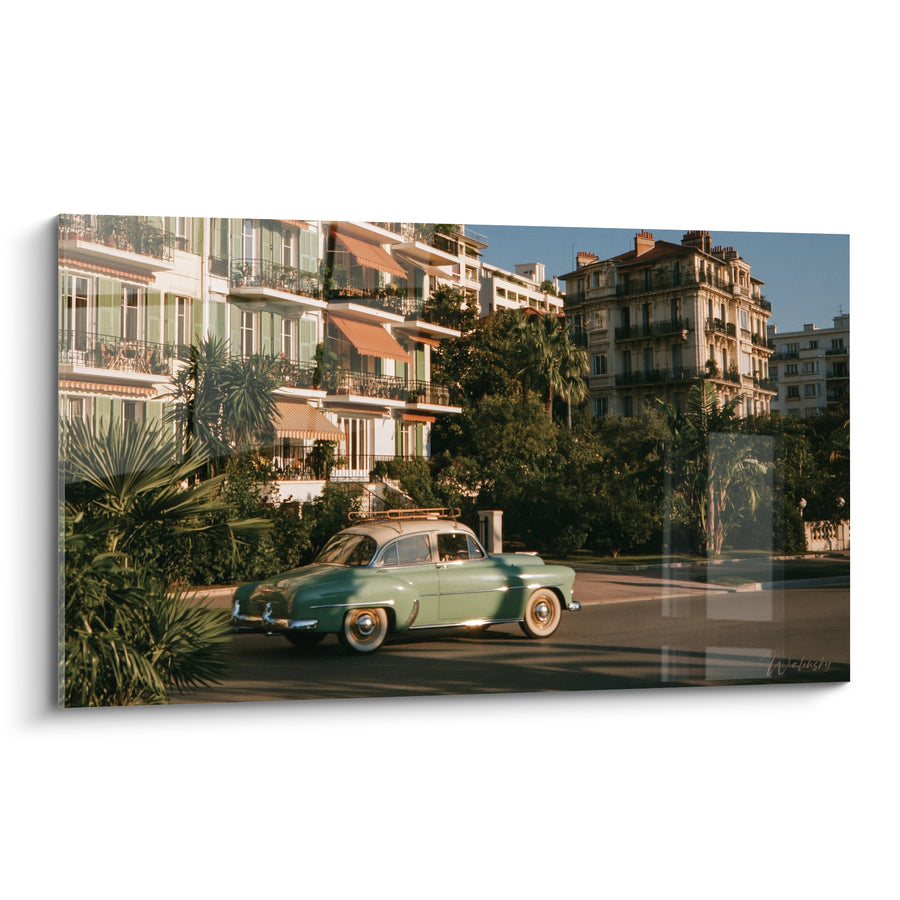 Tableau Automobile verte ivoire avenue bordée de palmiers - Balade sur la Riviera - Edition Vintage