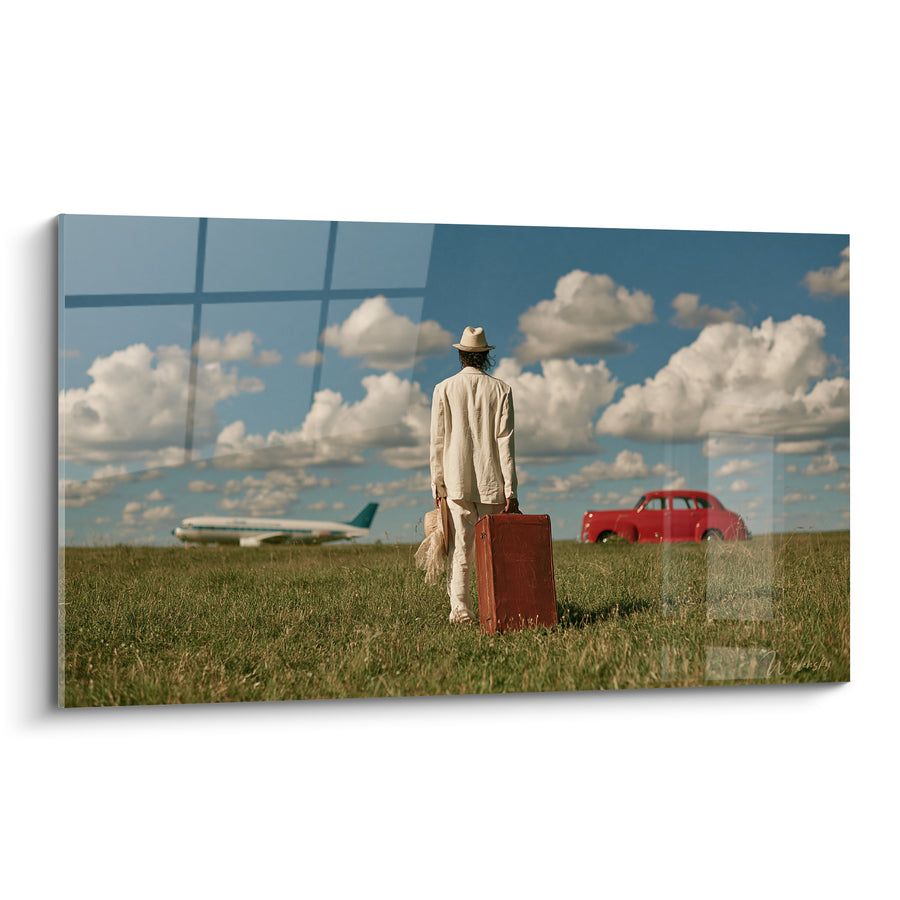 Tableau Voyageur costume blanc valise brune - Attente du départ - Edition Vintage