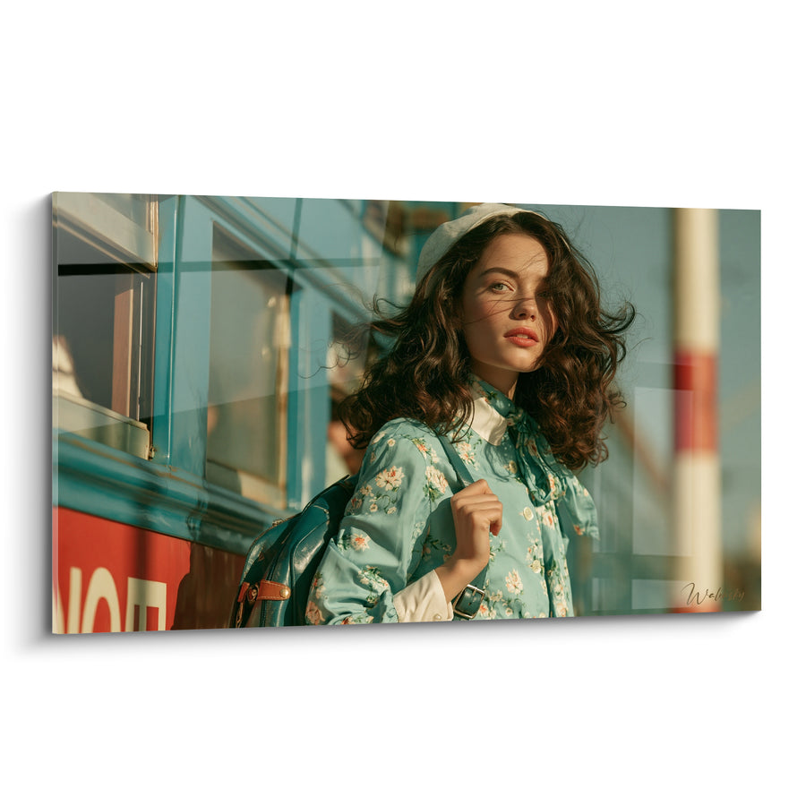 Tableau Voyageuse chemisier menthe boucles brunes - Attente sur le quai - Edition Vintage