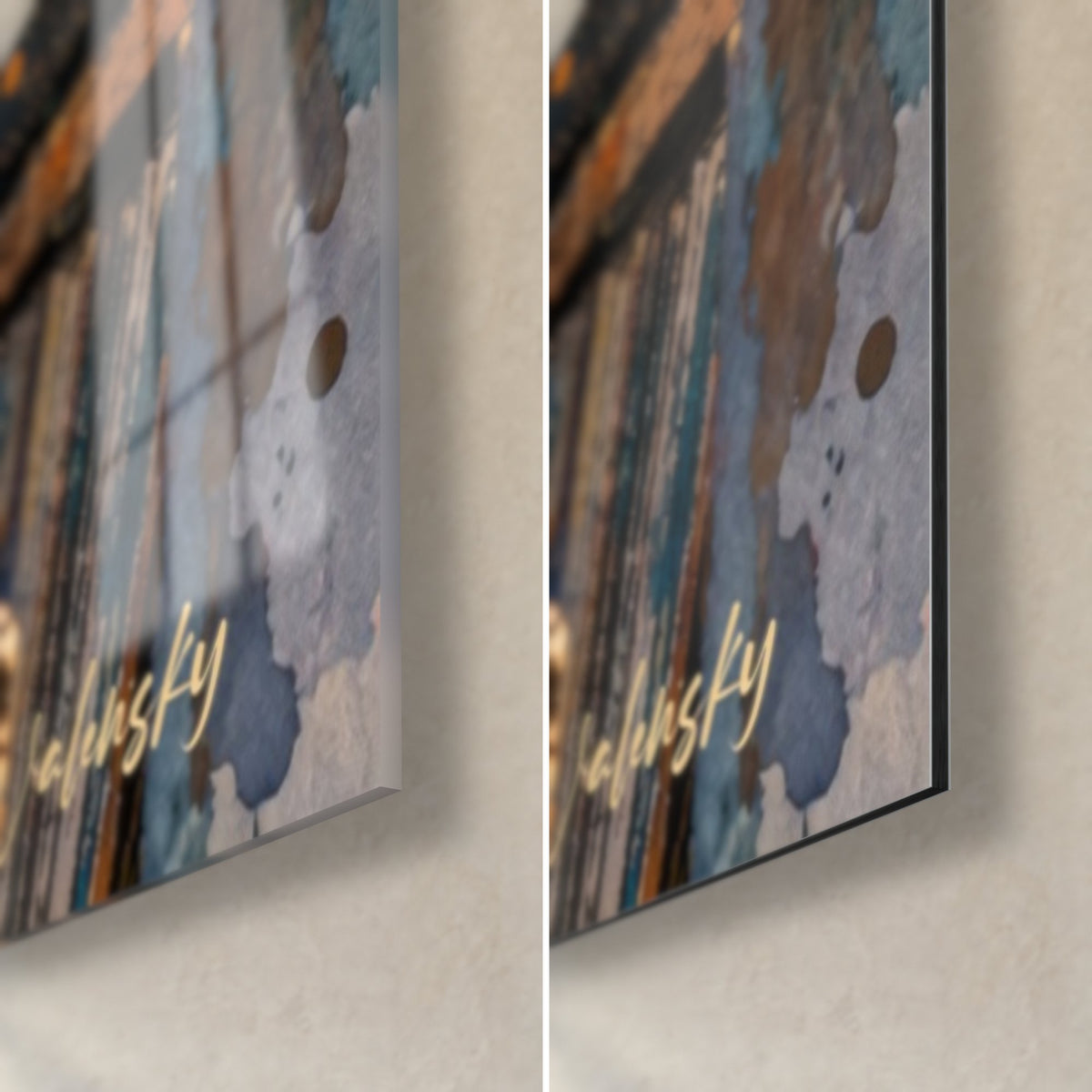 Tableau amateur de vinyles, coin bas droit : verre acrylique brillant à gauche, alu Dibond mat à droite, éclaboussures bleues et ocre