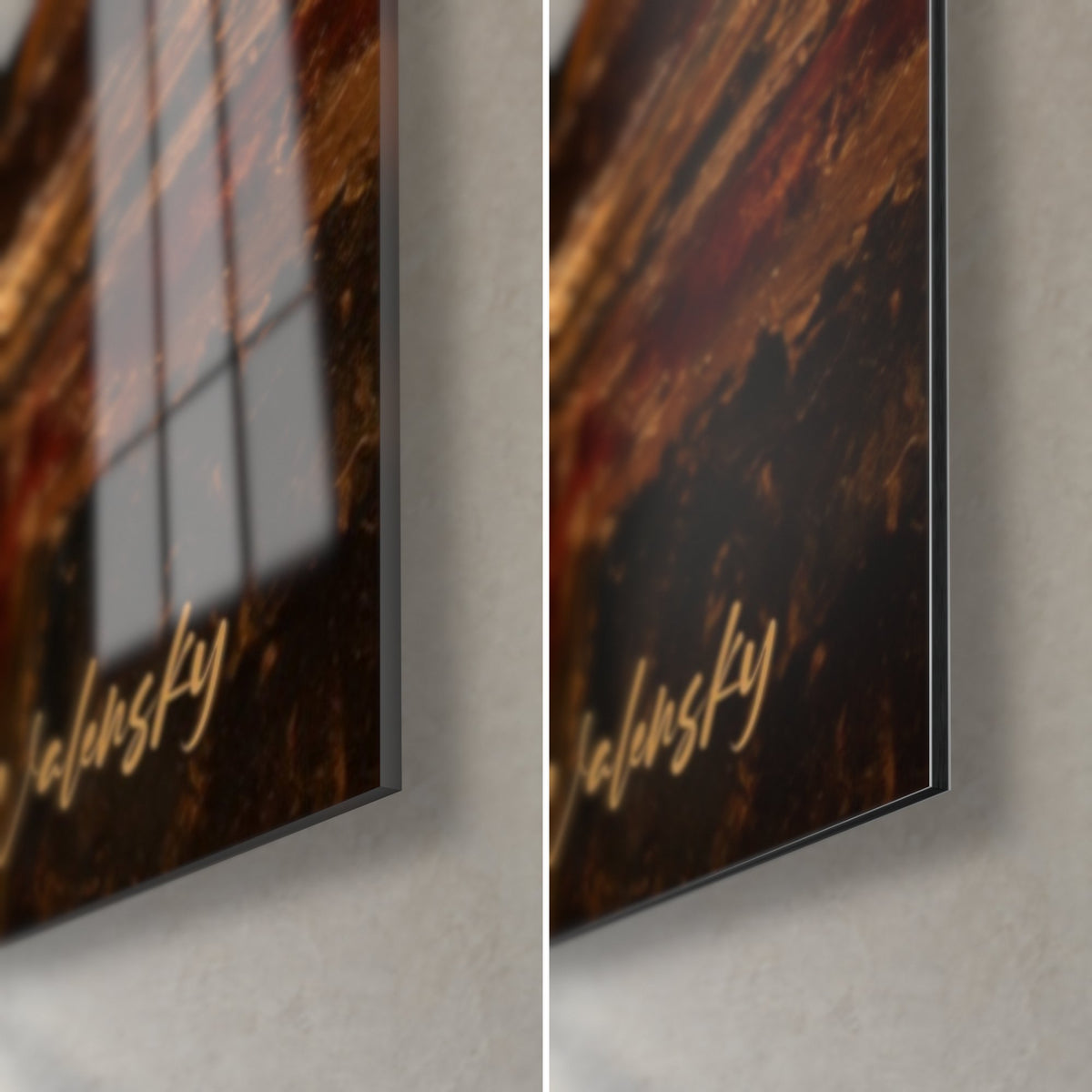 Tableau disquaire au vinyle doré, coin bas droit : verre brillant à reflets, alu Dibond mat noir et tranche de 3 mm