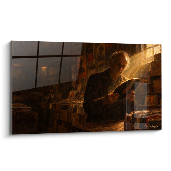 Tableau Disquaire examinant un vinyle brun doré - Mémoire oubliée - Edition Vinyle