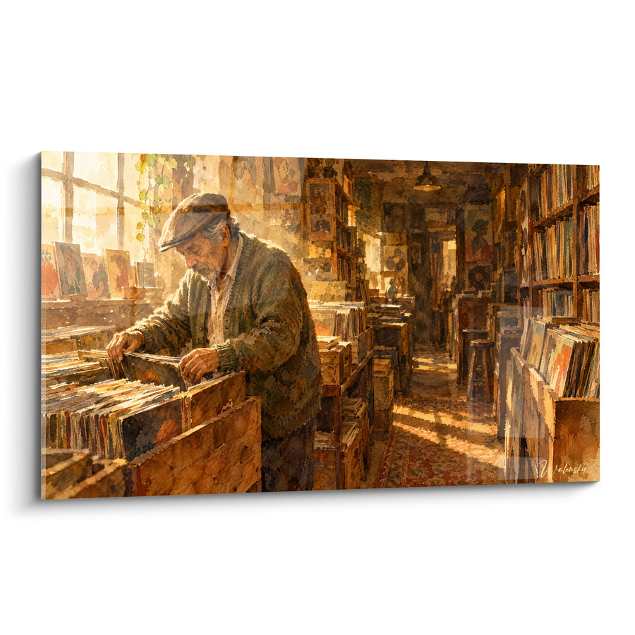 Tableau Disquaire feuilletant des pochettes ocre et bruns - Quête du souvenir - Edition Vinyle