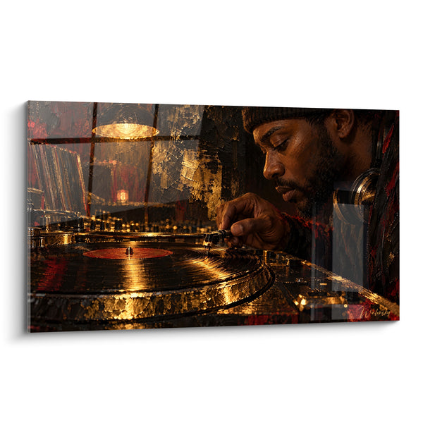 Tableau DJ noir et doré sur platine vinyle - Geste précis du mixage - Edition Vinyle