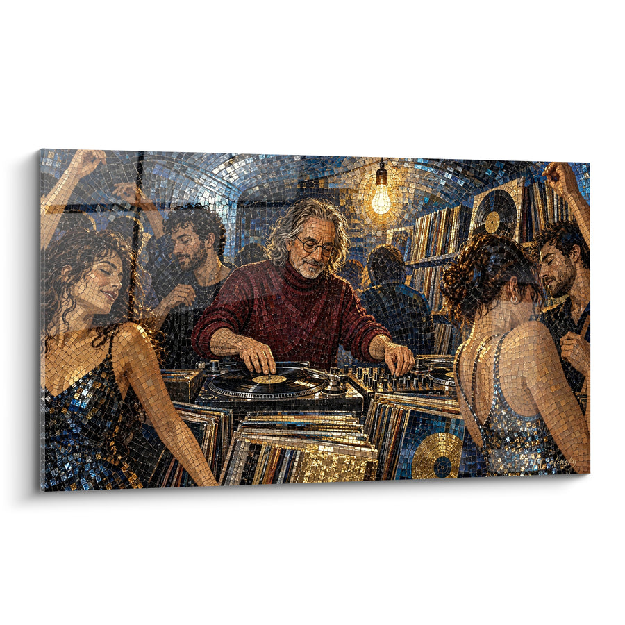 Tableau DJ mosaïque doré et bleu sur platine - Nuit dansante - Edition Vinyle