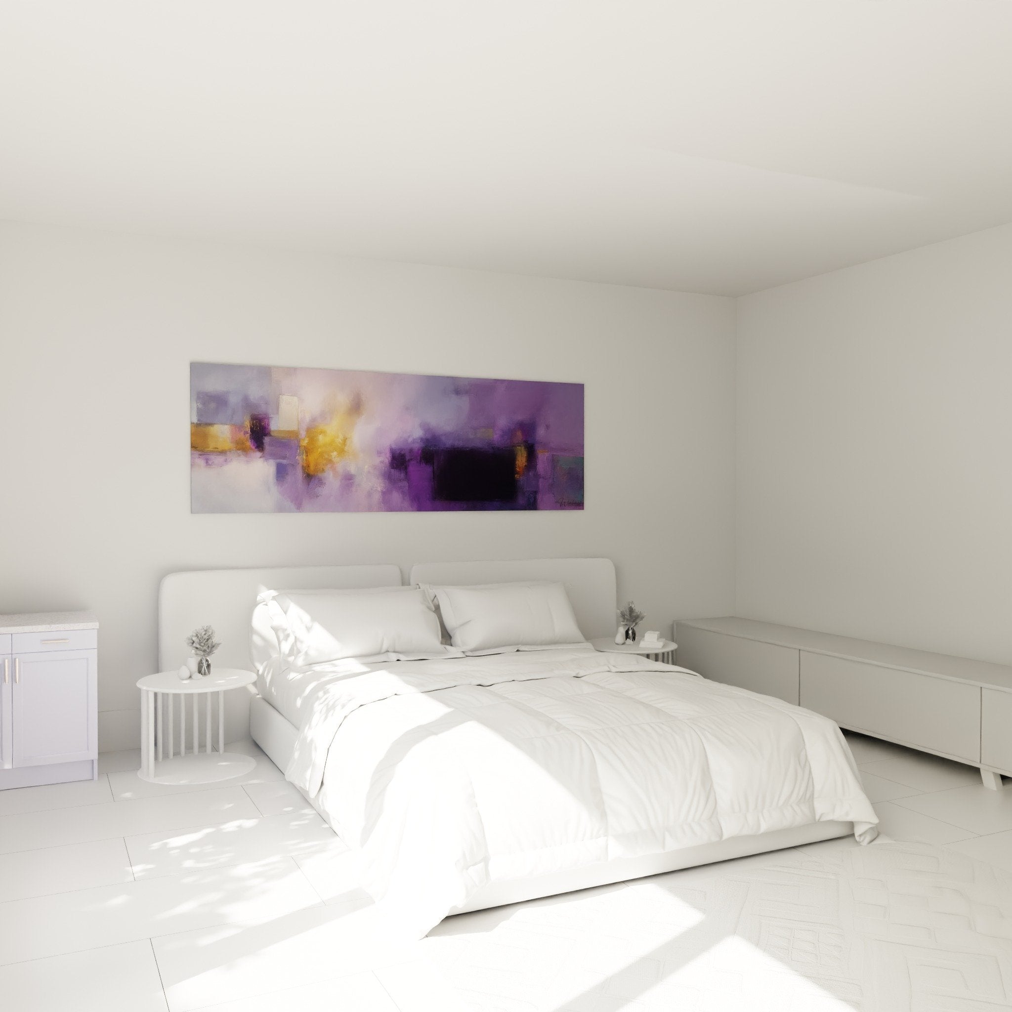 Tableau abstrait violet dore dans chambre decoration zen harmonieuse feng shui