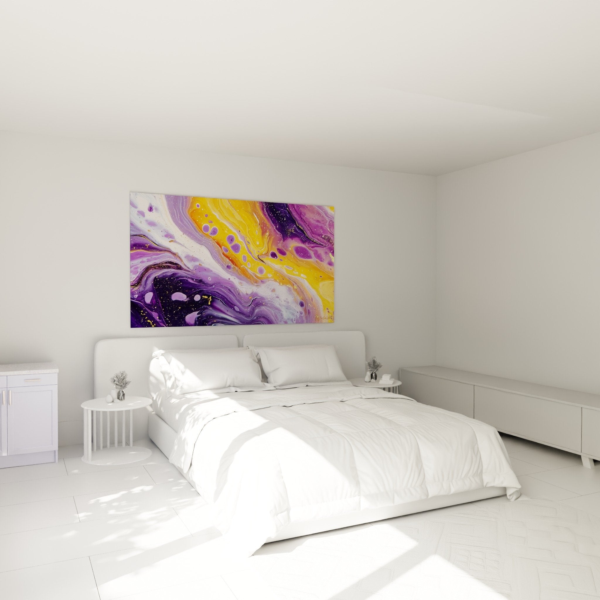 tableau violet dore dans chambre moderne mur blanc decoration feng shui sud est bois ambiance zen