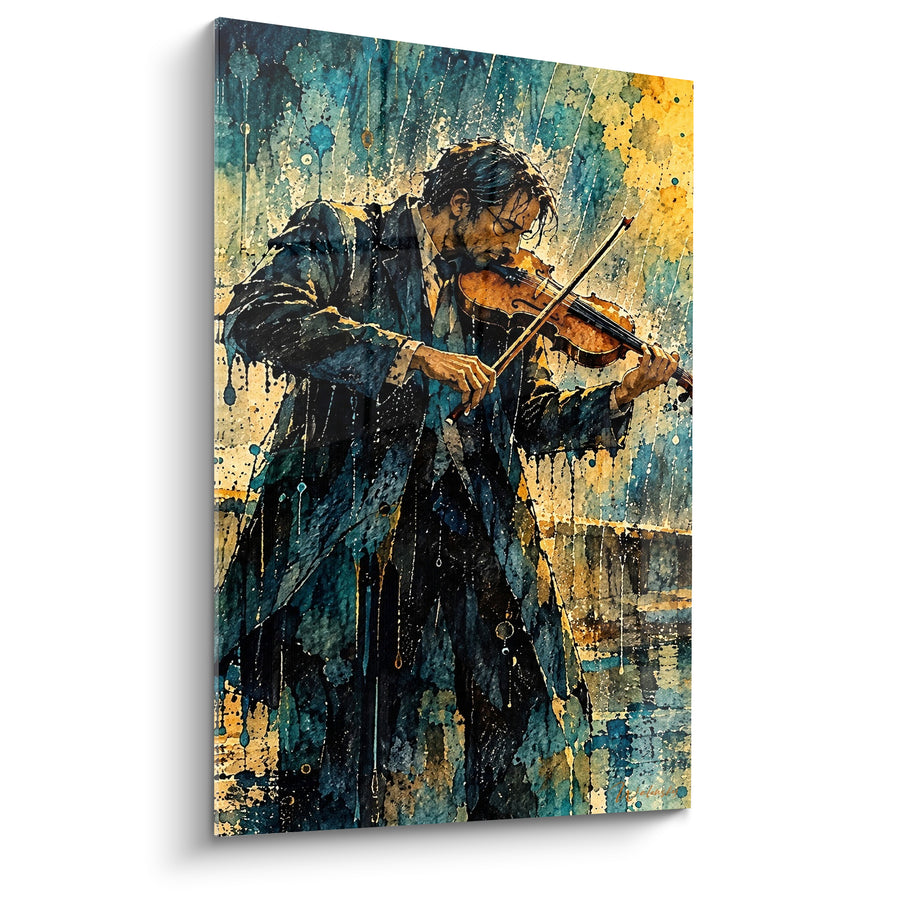 Tableau Violoniste sous la pluie bleu et ocre - Mélodie sous l'orage - Edition Violon