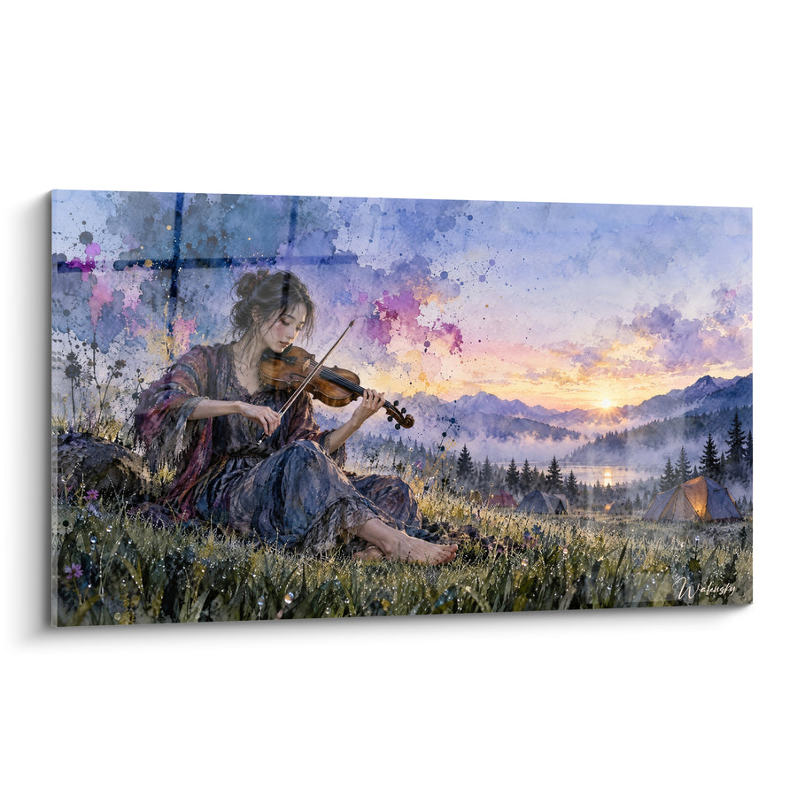 Tableau Violoniste assise dans une prairie au lever du soleil - Mélodie à l'aube - Edition Violon