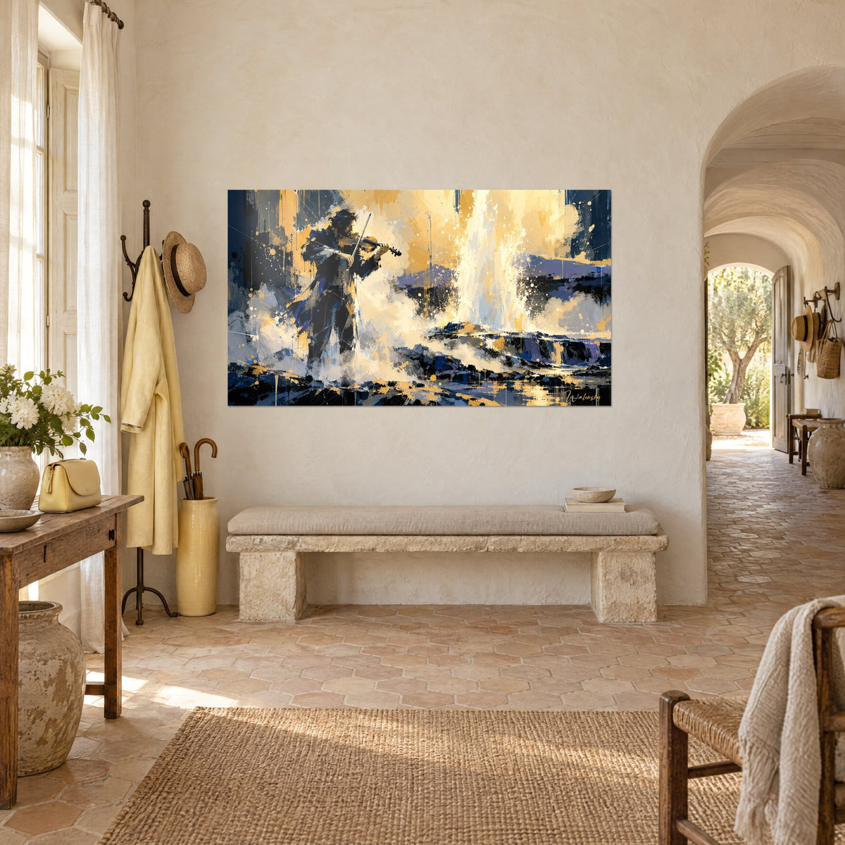 Tableau musicien à l'archet dressé, écume ivoire et rochers noirs, jaune safran éclatant, vue de trois-quarts dans un mas provençal