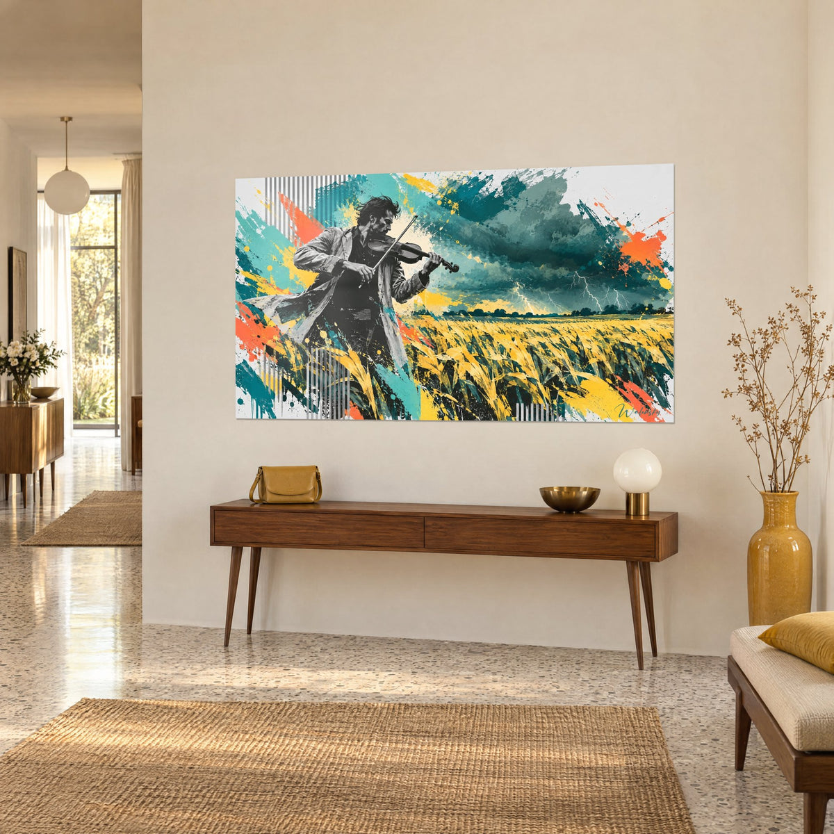 Tableau musicien archet levé dans un champ doré, nuages vert sombre et éclairs, touches orange, accroché au-dessus d'une console en bois