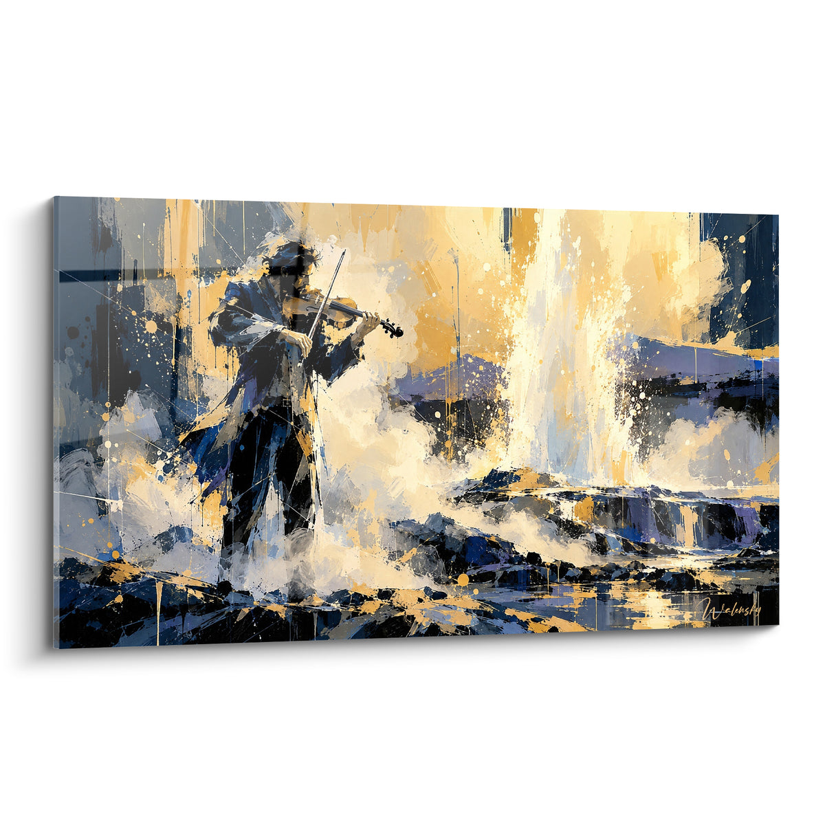 Tableau violoniste jouant face à une cascade dorée et bleu marine éclatante