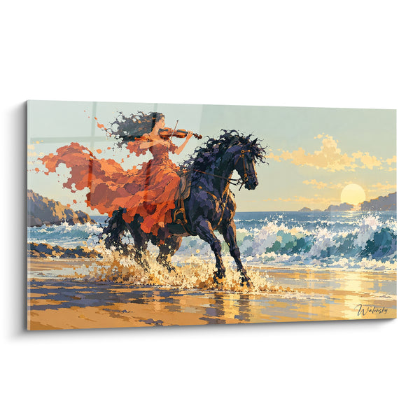 Tableau Violoniste en robe rouge sur cheval noir - Chevauchée mélodique - Edition Violon