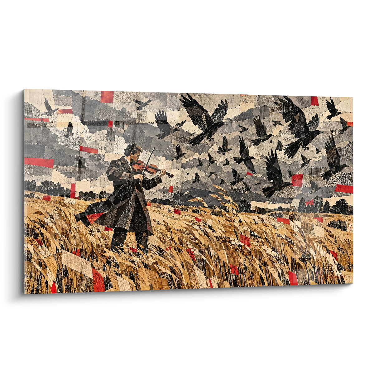 Tableau Violon : musicien en manteau sombre jouant dans un champ doré, ciel anthracite et corbeaux.