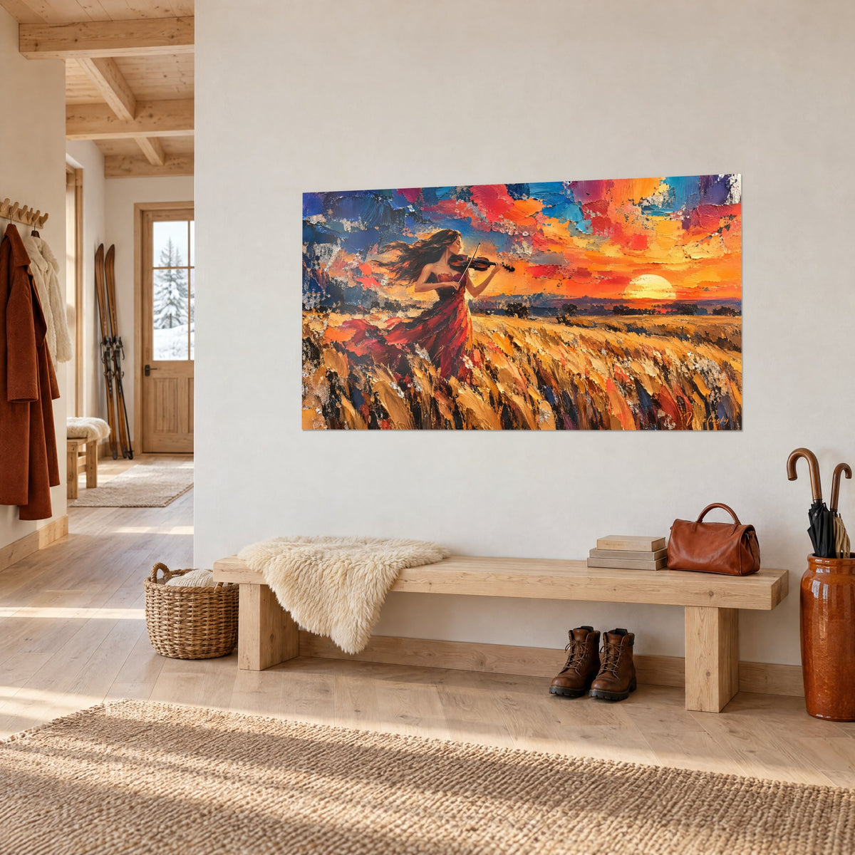Tableau musicienne aux cheveux flottants dans les blés dorés, soleil rouge à l'horizon, couteau à palette, entrée d'un chalet boisé