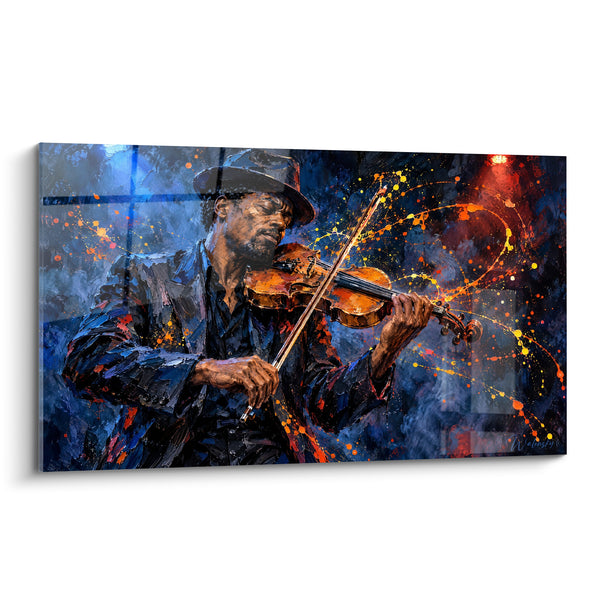 Tableau Violoniste chapeauté en veste bleue et éclaboussures orangées - Mains de l'archet - Edition Violon
