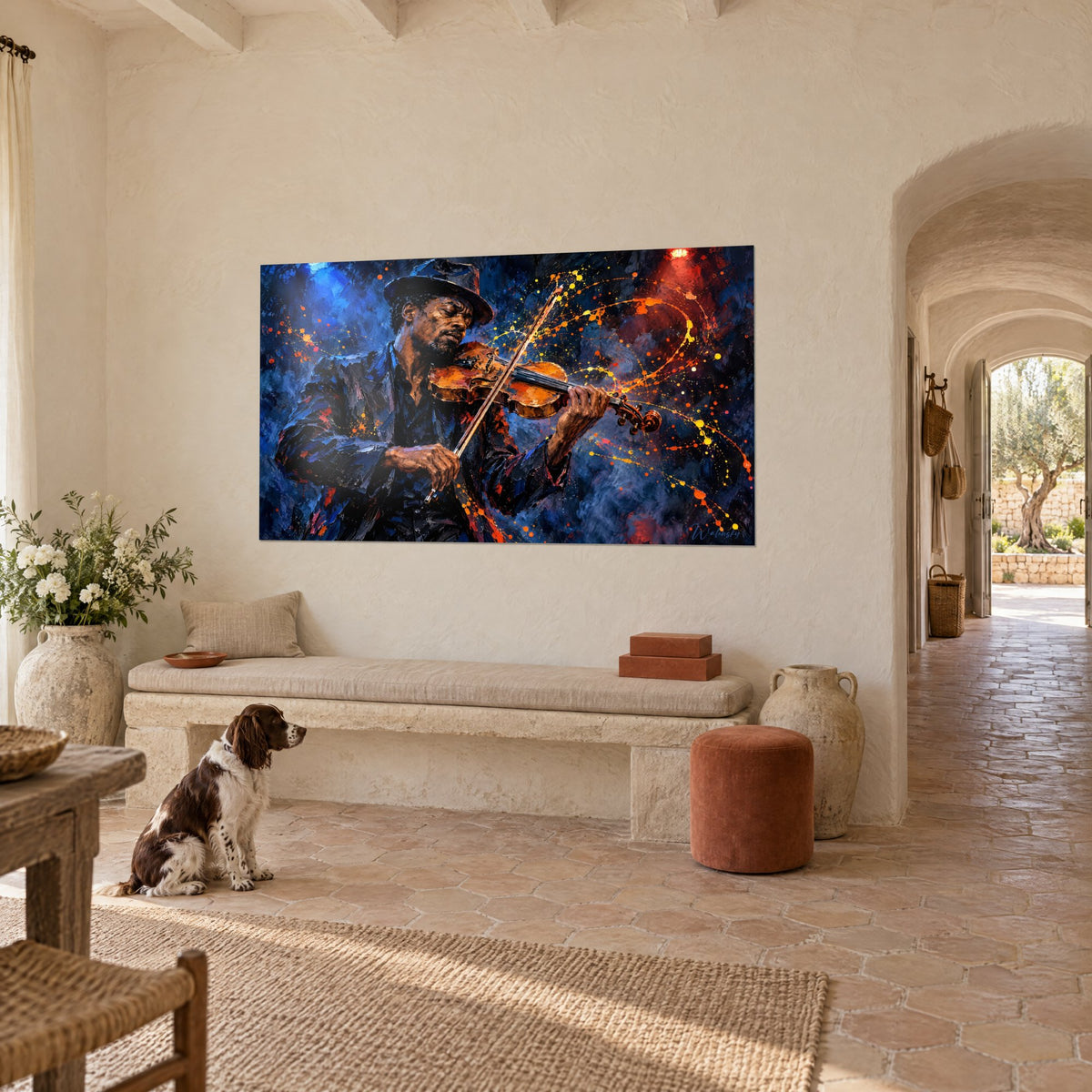 Tableau musicien en fedora jouant les yeux clos, veste cobalt et gouttes orange, spaniel assis, mas provençal en vue de trois-quarts