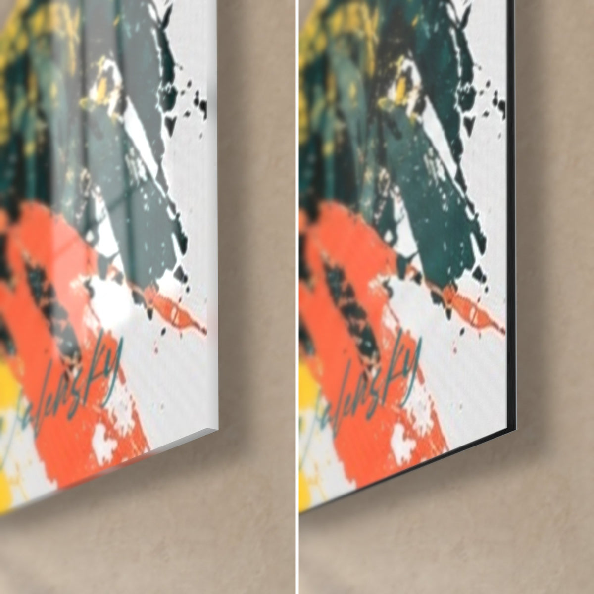 Tableau joueur de violon, coin bas droit : éclaboussure orange et gris vert, verre acrylique brillant à gauche, Dibond noir mat à droite