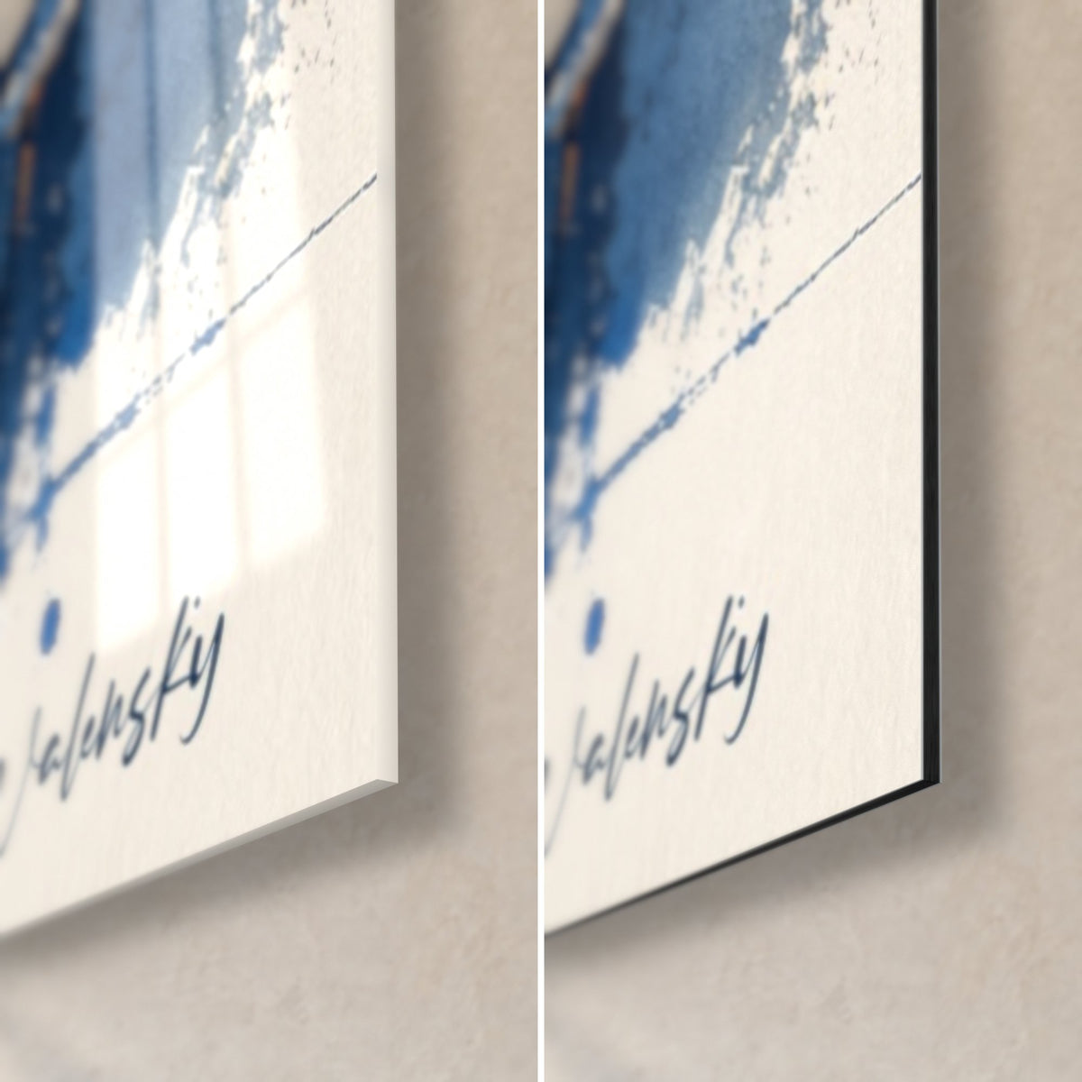 Tableau violoniste en chemise claire, coin bas droit : signature Walensky, verre acrylique brillant et Dibond mat, bleu et blanc