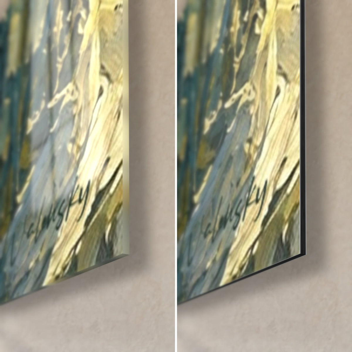 Tableau virtuose à la redingote sombre, coin bas droit : verre acrylique brillant et reflets, alu Dibond mat noir, tranche de 3 mm