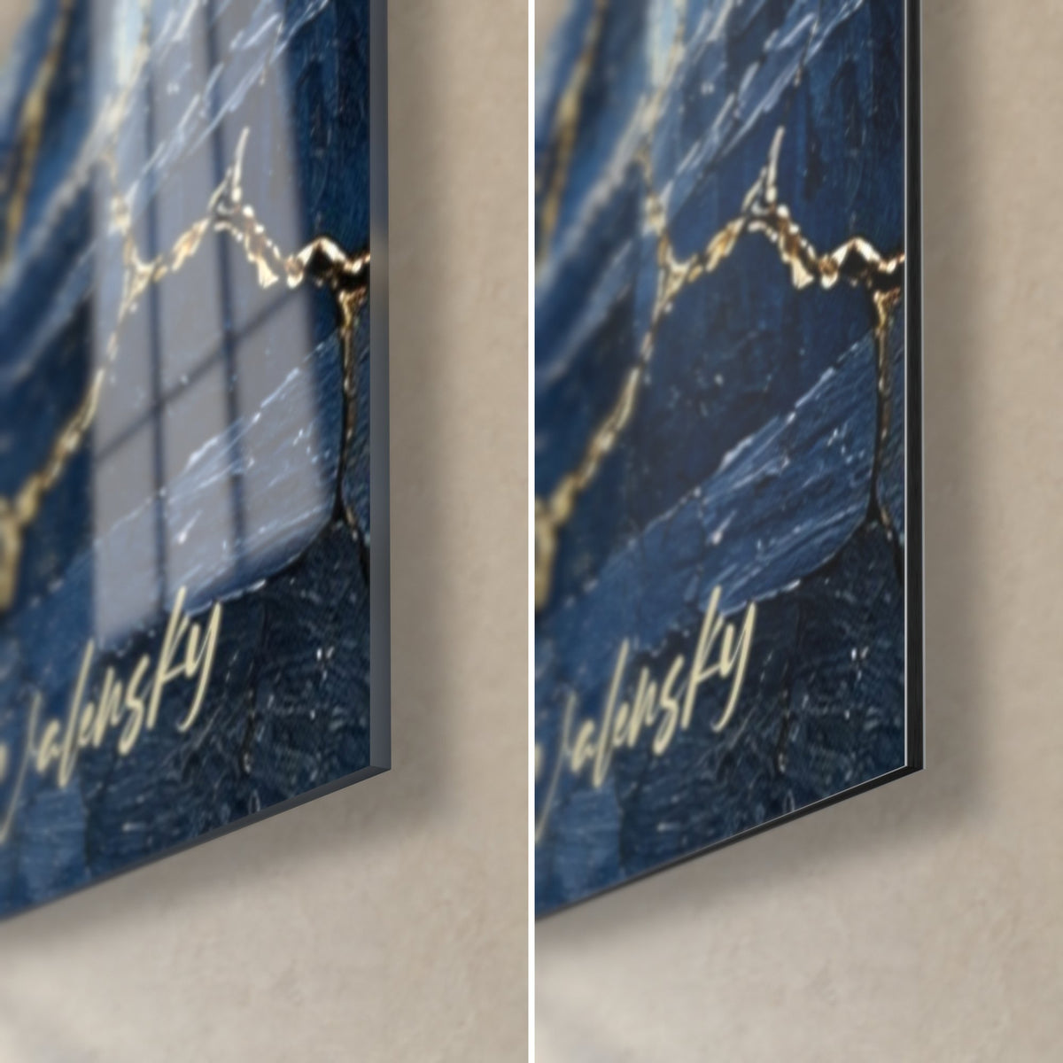 Tableau joueur de violon, coin bas droit : verre acrylique brillant et Dibond mat, glace bleu profond, veine dorée, tranche de 3 mm