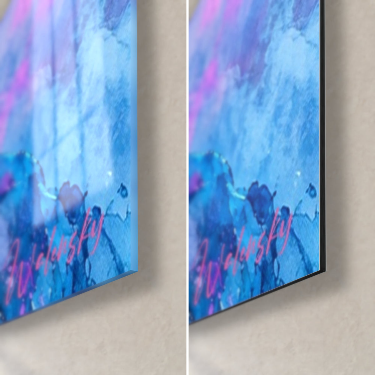 Tableau virtuose au violon, coin bas droit : éclats turquoise et rose, verre brillant à gauche, Dibond mat à droite