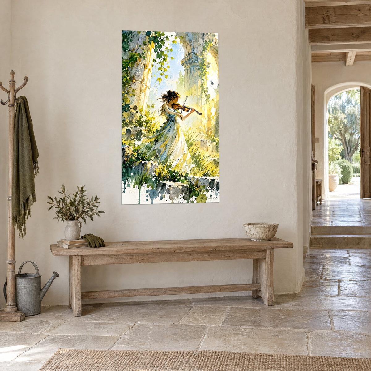 Tableau musicienne à l'archet entre colonnes antiques, aquarelle jaune citron et bleu ciel, dans un couloir de pierre vue de trois-quarts