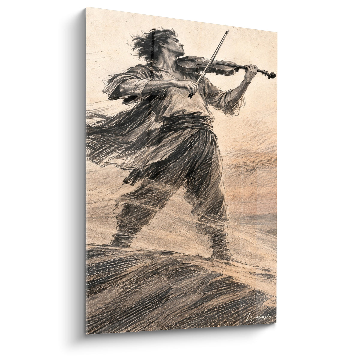 Tableau Violon joué debout sur une dune, drapé anthracite soulevé par le vent et tons sable
